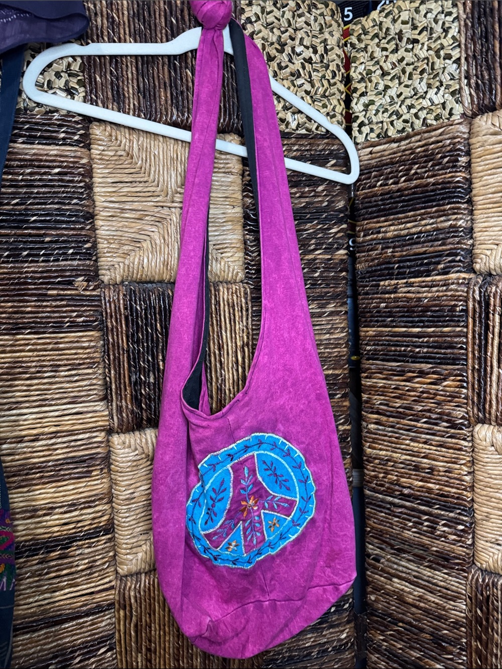 Magenta Embroidered Peace Sign Crossbody Bag